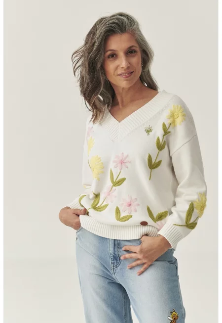 Пуловер с флорален принт - Бял/Жълт
