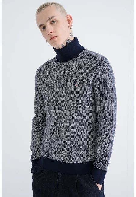 Пуловер с кашмир с рибена кост - Бял/Тъмносин