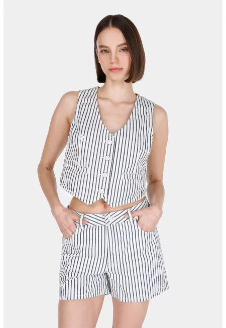 Раиран елек с копчета - Бял/Тъмносин