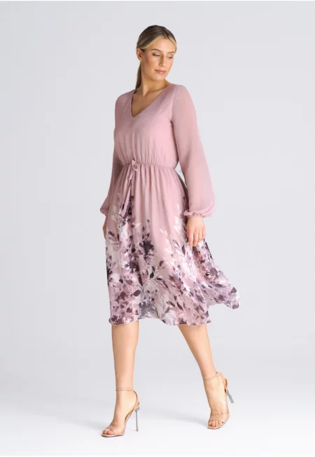 Разкроена миди рокля -  розово - полиестер