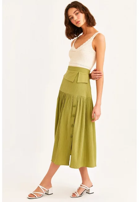 Разкроена пола с висока талия - Маслинено зелено