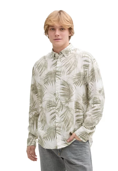 Риза с лен с тропически принт - Бял/Сиво-бежов