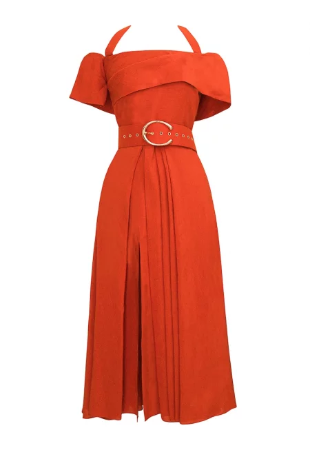 Рокля с презрамка на врата и голи рамене - Корал