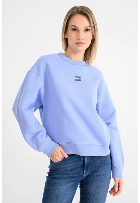 Суитшърт с овално деколте и лого - Пастелносин/Син