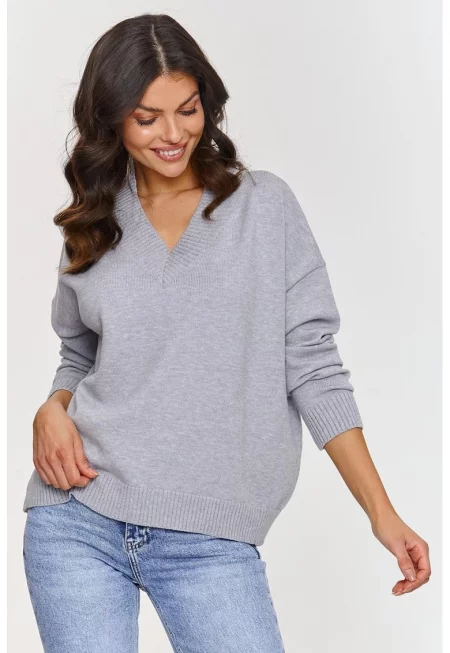 Свободен пуловер с V-образно деколте - Един размер