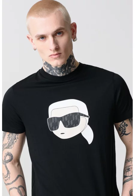 Тениска от памук с овално деколте и лого - Черен/Мръснобял