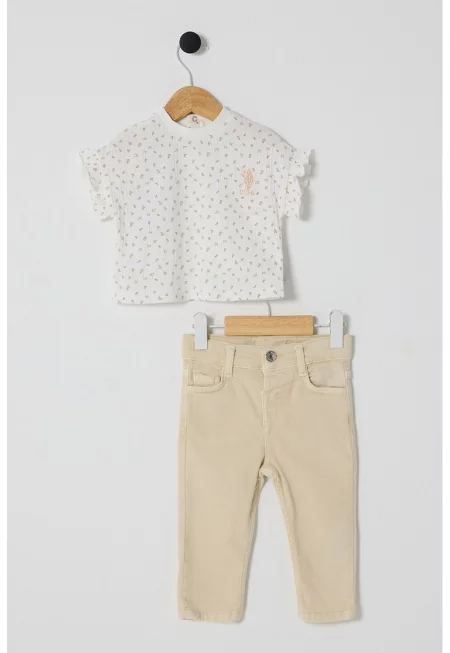 Тениска с принт и панталон - 2 части - Мръснобял/Светло бежово
