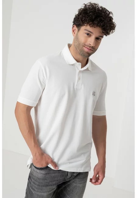 Тениска с яка и лого - Мръснобял