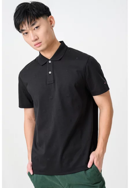 Тениска с яка и монограми - Черен