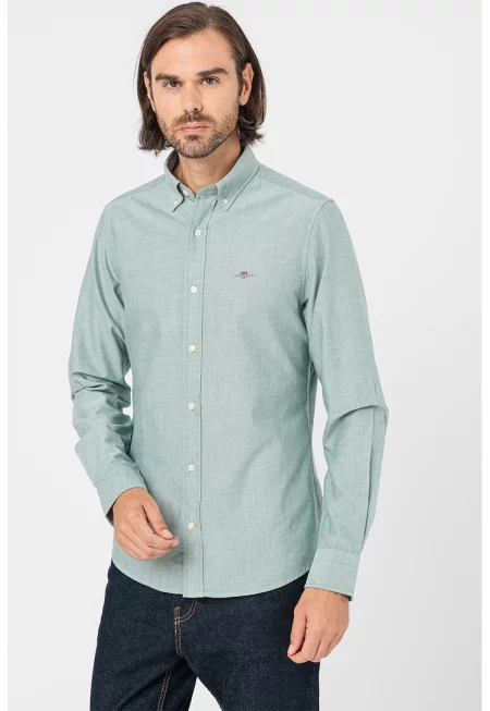 Вталена памучна риза - Меланж зелено