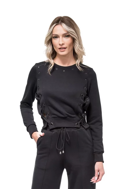 Блуза Cora с дълги ръкави и дантелена връзка - Черен