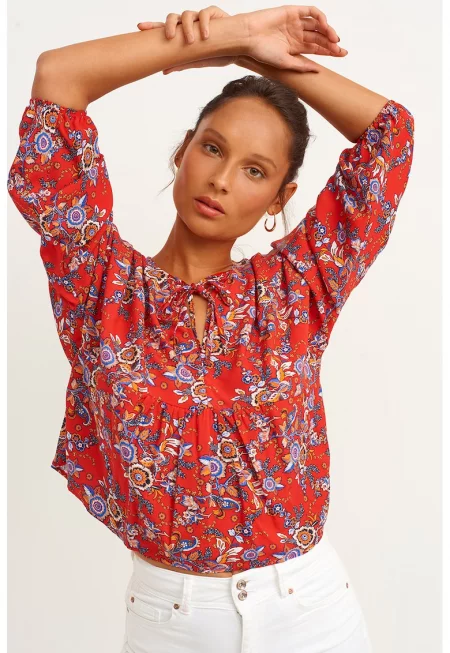 Блуза с 3/4 ръкави - Оранжев - Аленочервен - Син -