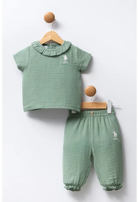 Блуза с къси ръкави и панталон - 2 части - Зелени аспержи