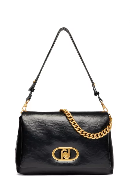 Чанта за рамо с капаче и презрамка с верижка - Черен