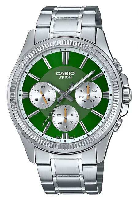 Часовник  MTP-1375PD-3AVEF - кварцов механизъм - верижка от неръждаема стомана - зелен циферблат - водоустойчив 50м