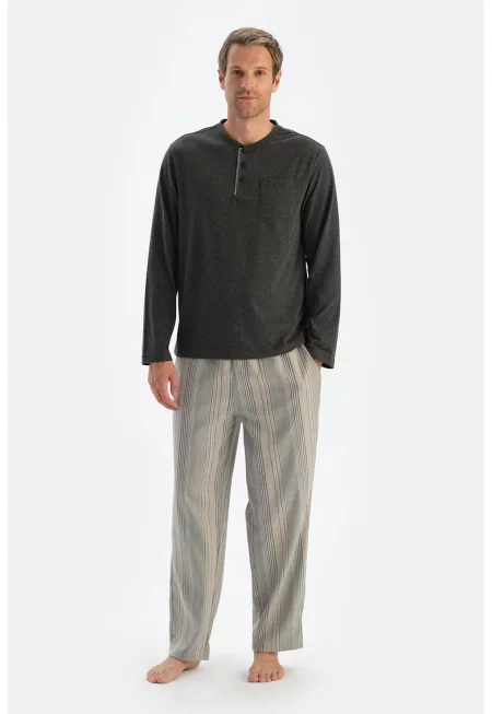 Дълга пижама с овално деколте - Бежов/Меланж тъмно сиво/Мръснобял