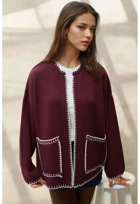 Дълга плетена жилетка -  бродирани детайли - вишнев - трикотаж