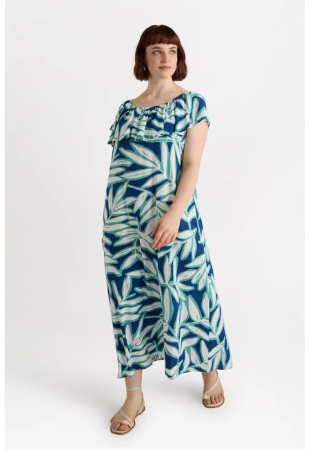 Дълга рокля с голи рамене - Зелен/Тъмносин