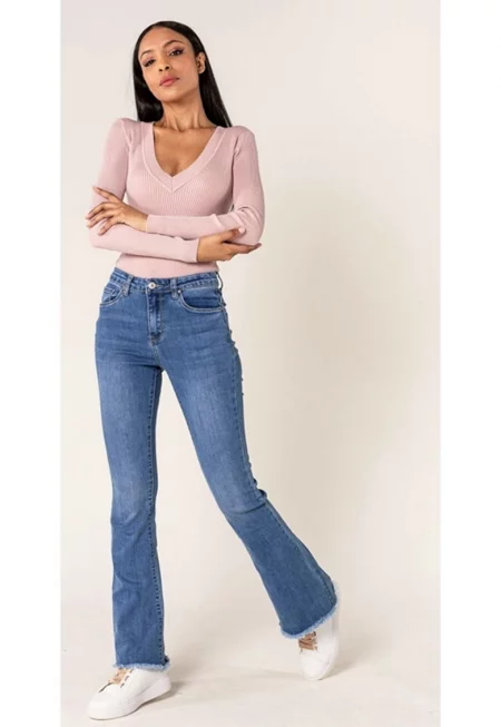 Дамски дънки  с разкроена каишка тип „лодка“ в синьо P218-5A M10 16807