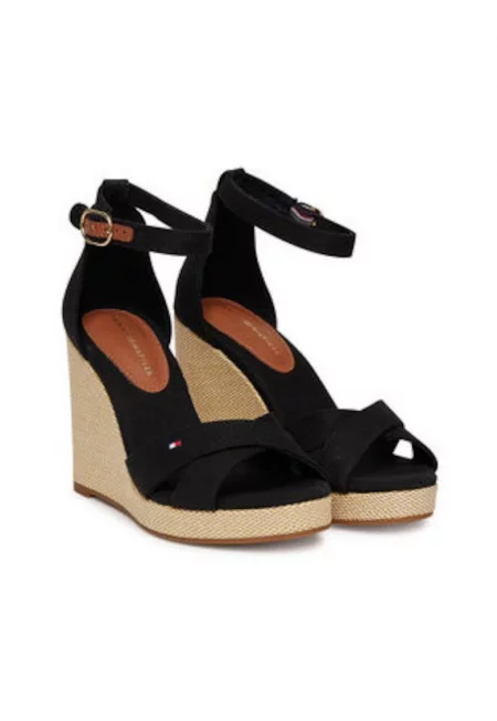 Дамски сандали -  черен - текстилен материал - ток с платформа -