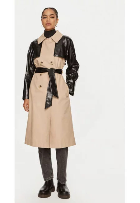Дамски тренчкот -  304280245 - Памук/Екокожа - Бежов - Бежов