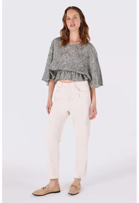 Дънки над глезена с висока талия - Слонова кост