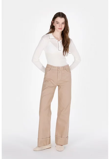 Дънки с широк крачол и висока талия - Бежов