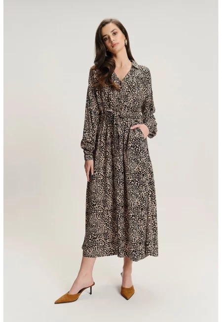 Десенирана рокля-риза с модал - Черен/Бежов