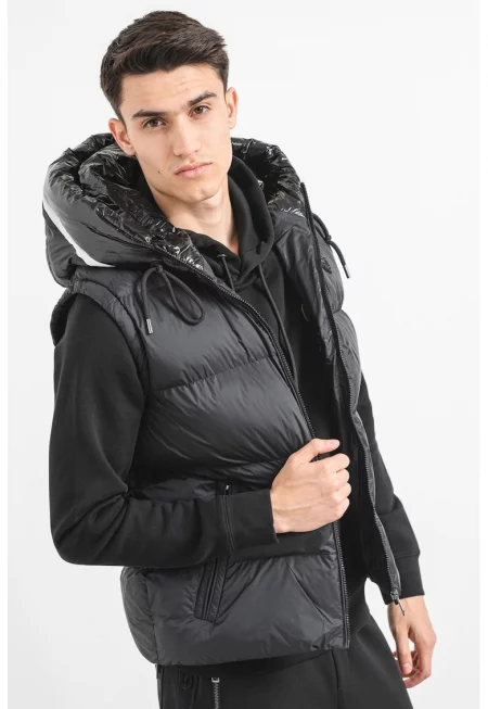 Елек с качулка и странични джобове - Черен/Бял