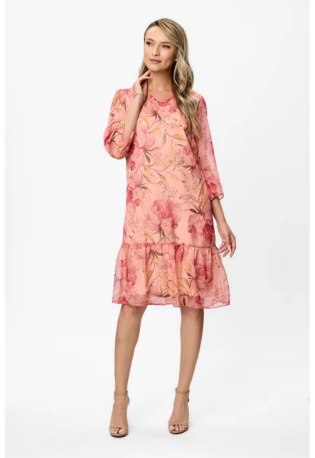 Флорална шпиц рокля - Розово