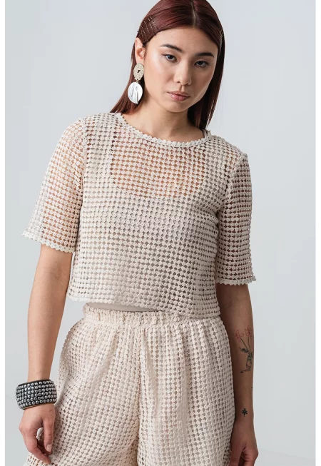 Къса ажурена тениска Faville - Светло бежово