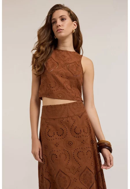 Къса памучна блуза - Канелено кафяво