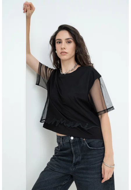 Къса тениска с полупрозрачна апликация - Черен
