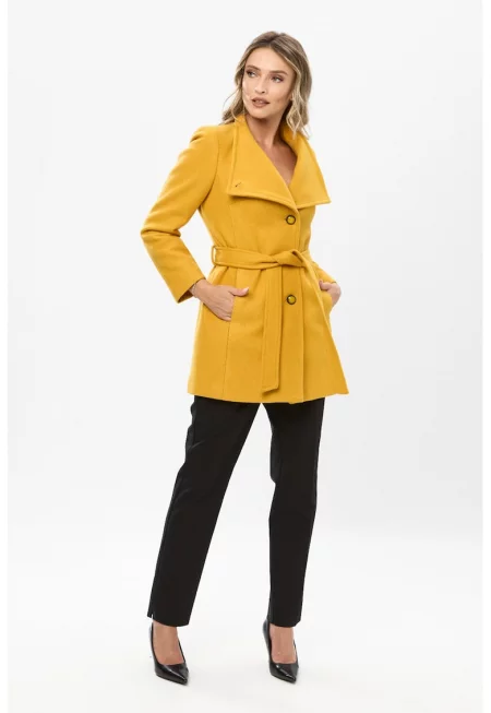 Късо палто с вълна и връзка - Жълт