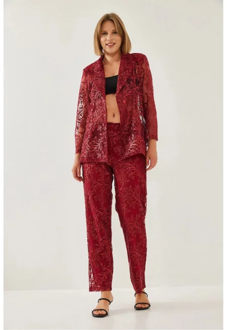 Комплект от две части - HiCCUP - дълъг бродиран - червен - акрил и вълна