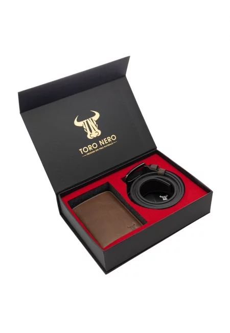 Комплект портфейл и колан Ayan - Мъжки - От естествена кожа - Кафяви