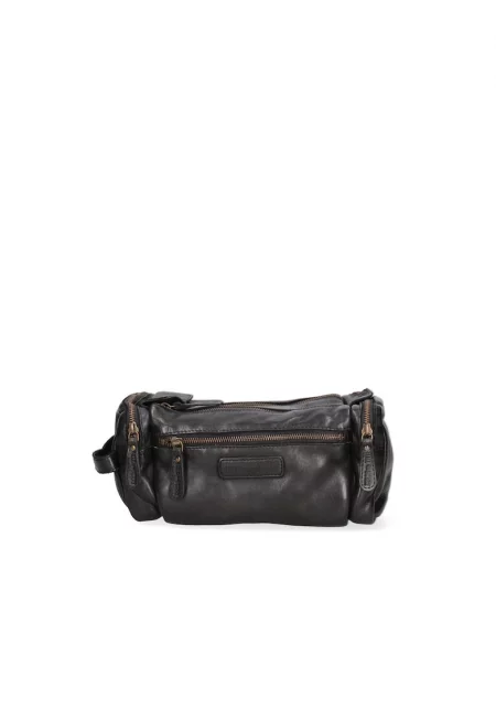 Кожена чанта с джобове с цип - Черен