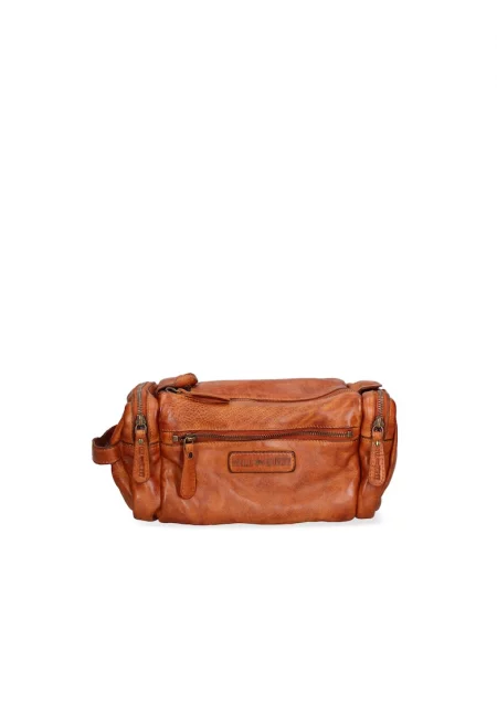 Кожена чанта с джобове с цип - Канелено кафяво