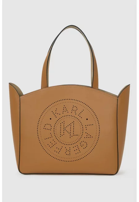 Кожена чанта за рамо с перфорирано лого - Карамел