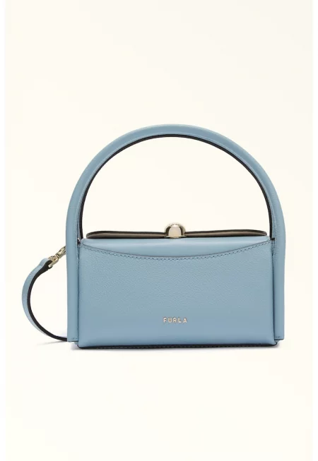 Кожена ръчна чанта с отделяща се презрамка - Пастелносин