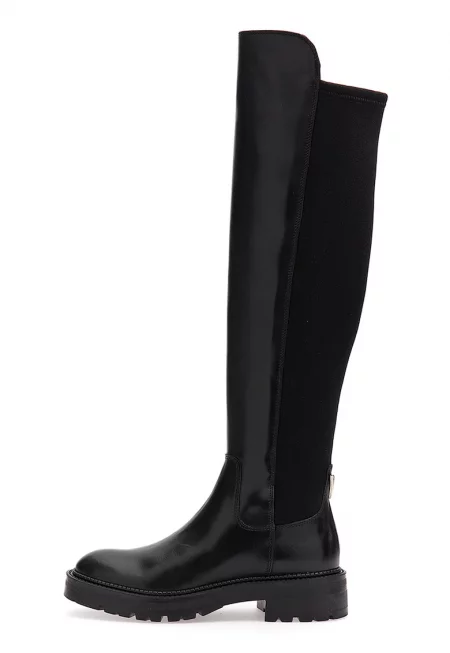 Кожени ботуши над коляното с текстил - Черен