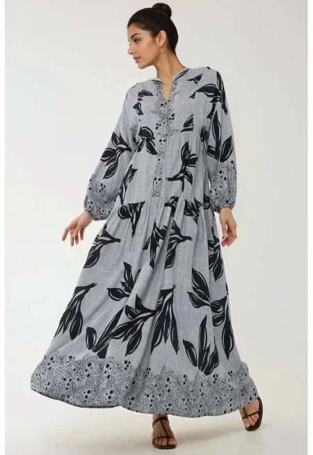 Макси рокля -  дълъг ръкав - синя - вискоза