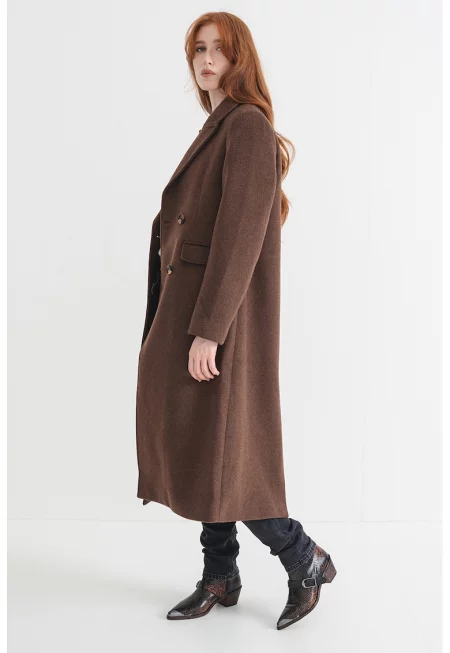Палто с двуредно закопчаване - Тъмнокафяв