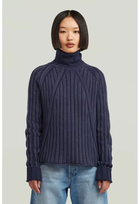 Памучен пуловер с рипс - Тъмносин