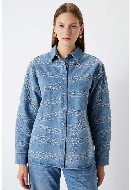 Памучна риза с фигурален принт - Прашно синьо/Персийски портокал