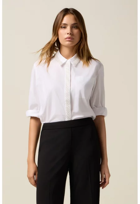 Памучна риза с мъниста - Бял