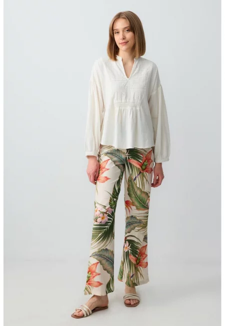 Панталон с лен с тропически десен - Слонова кост/Оранжев/Зелени аспержи
