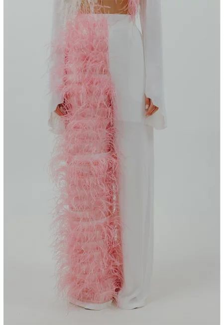 Панталон с широк крачол и пера - Бял/Розово