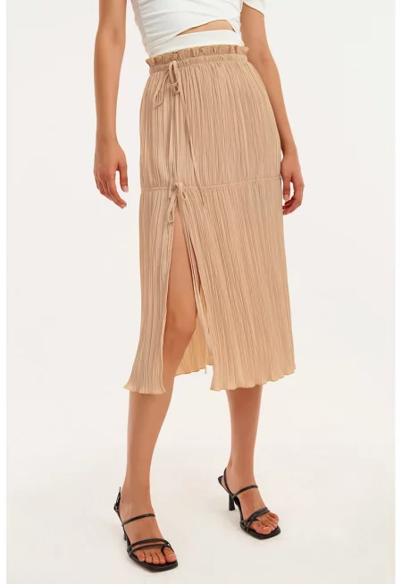 Плисирана пола със странични връзки - Тъмнобежово