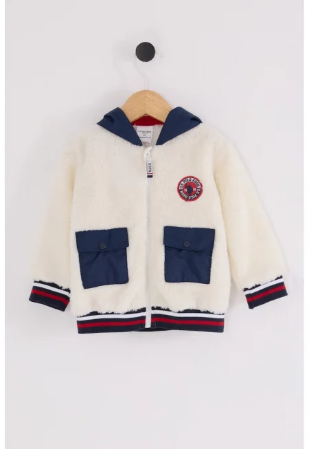 Плюшено зимно яке с джобове с капаче - Червен/Тъмносин/Светло бежово